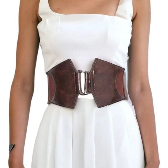 Brown Leather Slider Buckle Corset Wide Waist Belt NEW - Picture 1 of 4